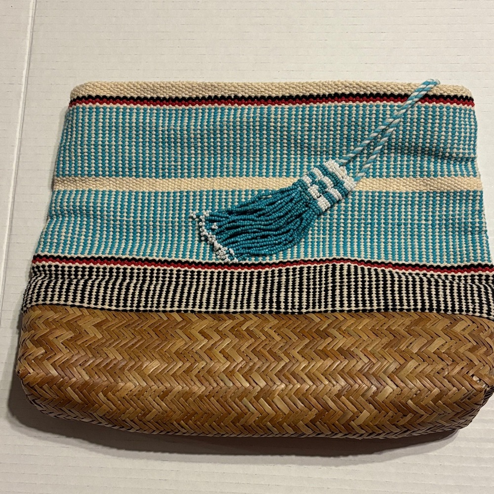 Guadalupe Design - Canvas + Raffia woven clutch, purse, evening bag teal, cream